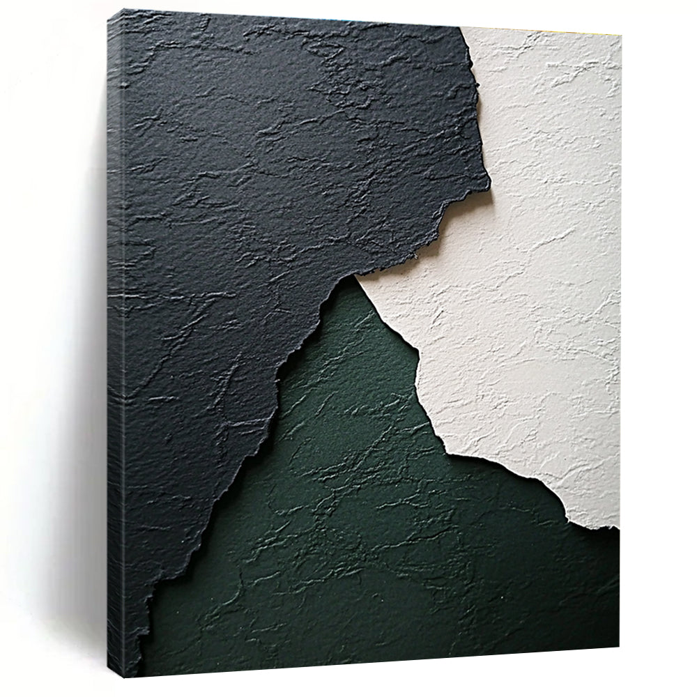 Abstract art featuring textured black white and green paper with subtle gray and emerald tones and a wave-like shape enhancing its worn appearance.STSC1281