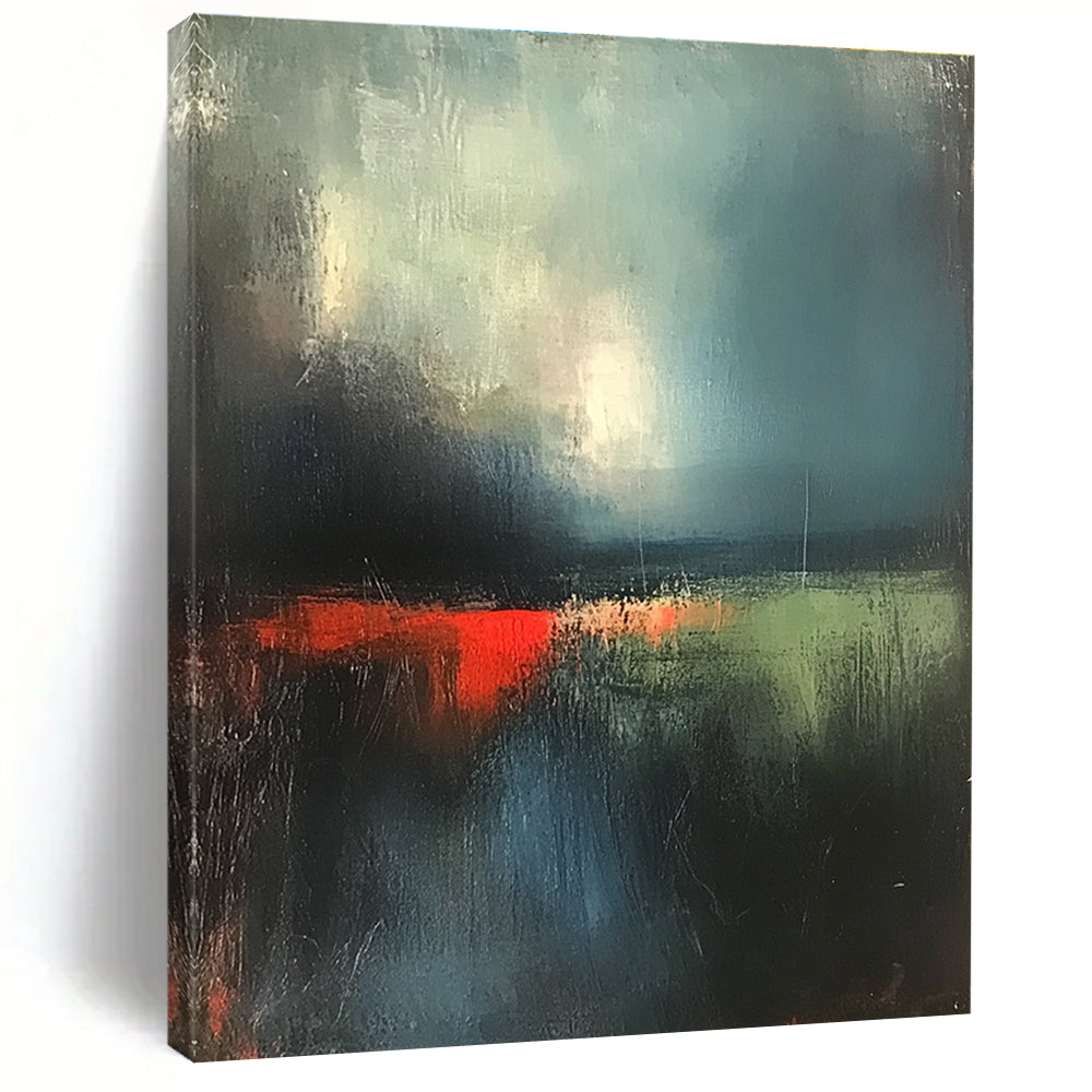 Abstract painting of the English landscape featuring dark green sky and atmospheric clouds with red lighting and soft textures using thick brush strokes.STSC702