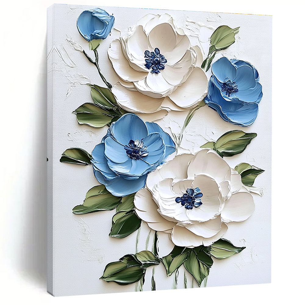 Abstract painting featuring textured white and blue flowers on a white background with green leaves and vibrant brushstrokes for a light tone.STSC1471