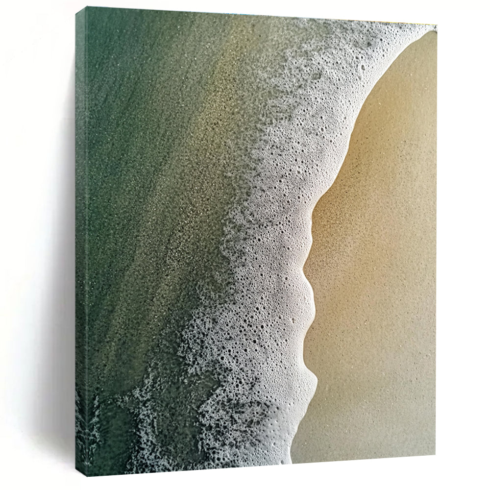 Large abstract painting capturing the meeting of sand and water with intricate pastel patterns and soft mist rising from the sea.STSC1410