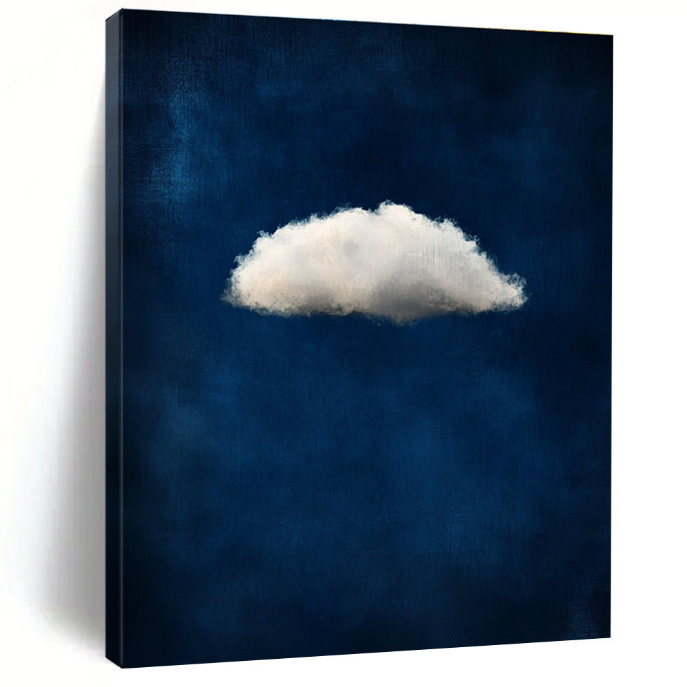 A large abstract painting featuring a small white cloud on a dark blue background evoking ethereal and dreamy atmospheres with soft tones.STSC1403