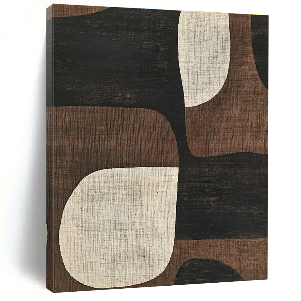 Abstract artwork featuring mid-century modern designs with simple shapes in neutral tones of black brown beige and white enhancing any space.STSC1320