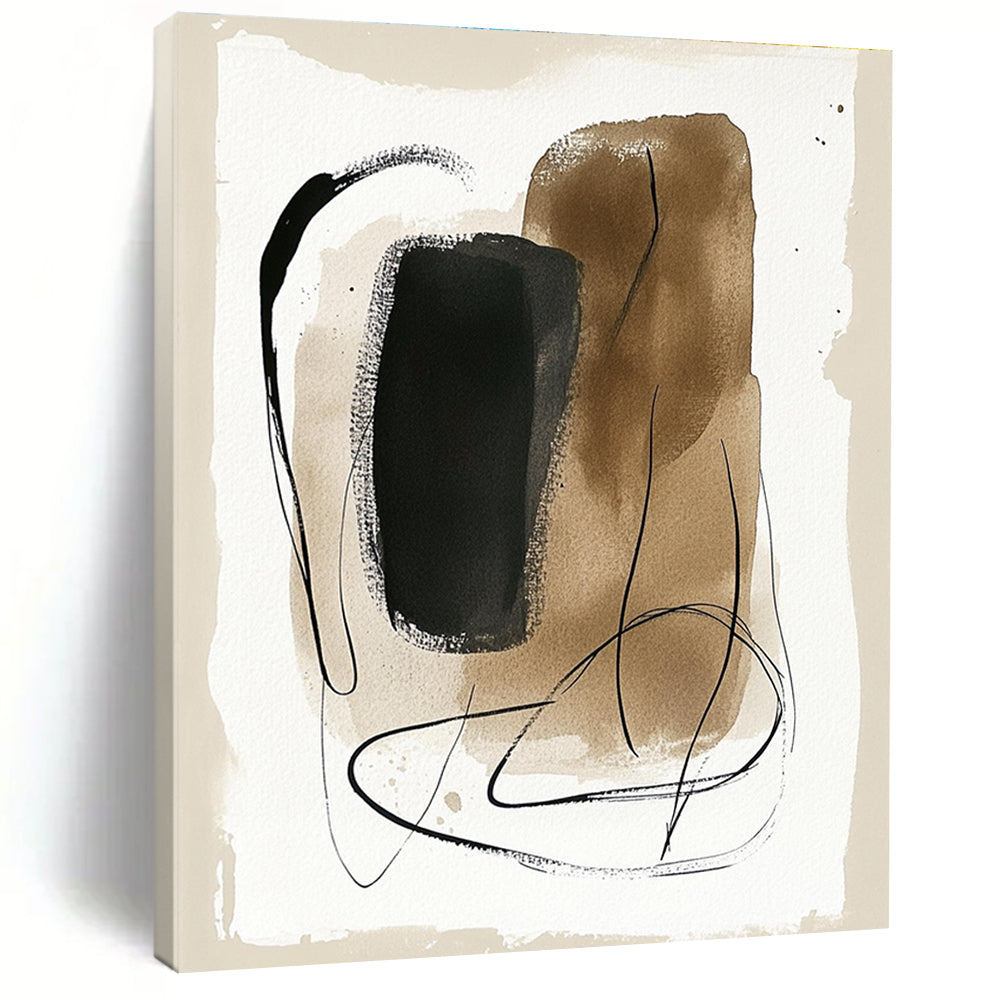 Abstract painting featuring minimalist wavy shapes and lines with black brush strokes and pastel colors on a beige background.STSC1463