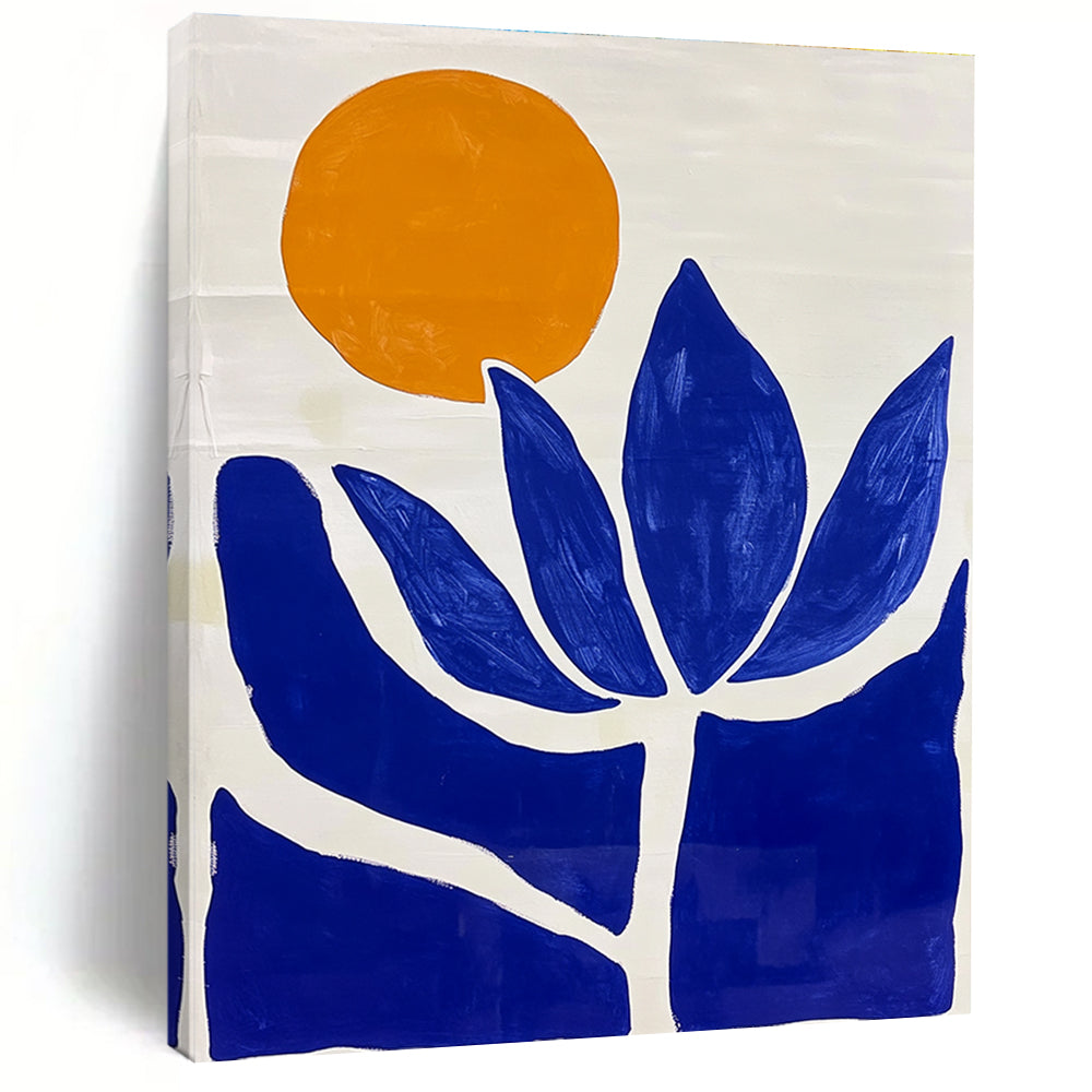 Large abstract painting featuring minimalist blue and white Matisse-inspired shapes and a vibrant orange sun with a blue lotus flower.STSC1332