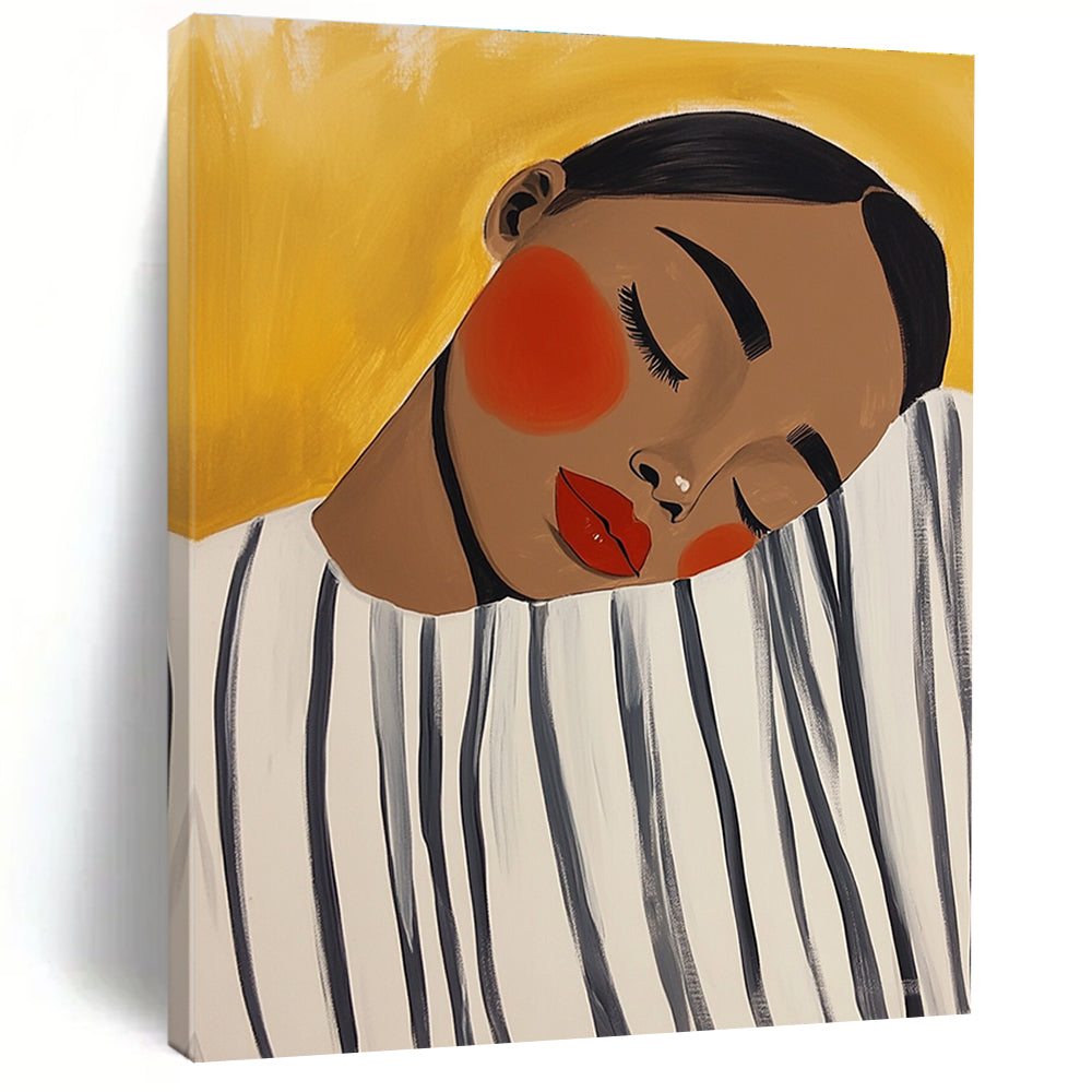 Large abstract painting featuring an African American woman resting her head on a whimsical oversized black and white striped shirt in soft acrylics.STSC536