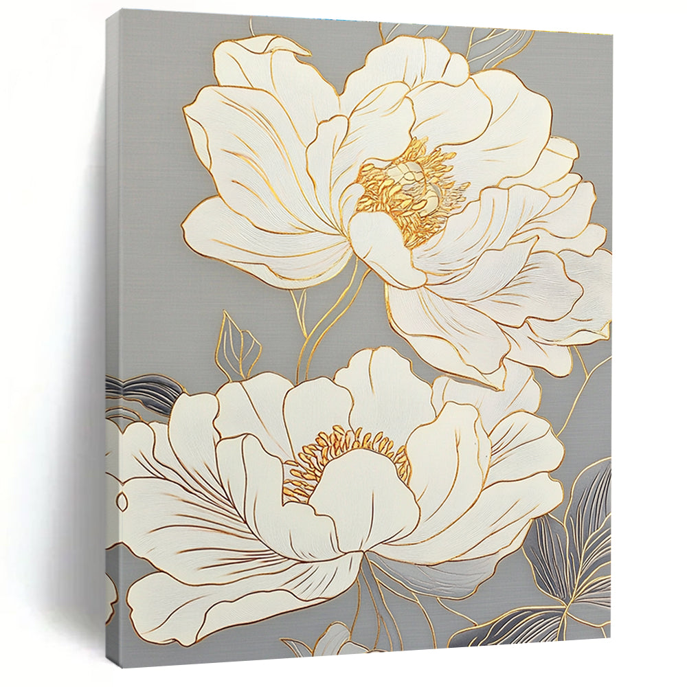Large abstract painting featuring peony flowers with delicate lines glass texture and gold outlines on a light gray background.STSC1433