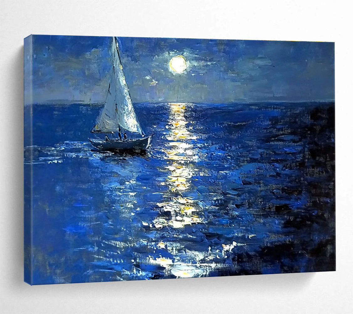 Large abstract painting depicting a sailboat on a moonlit sea with rich colors soft tonal gradations and dreamy reflections.SC604