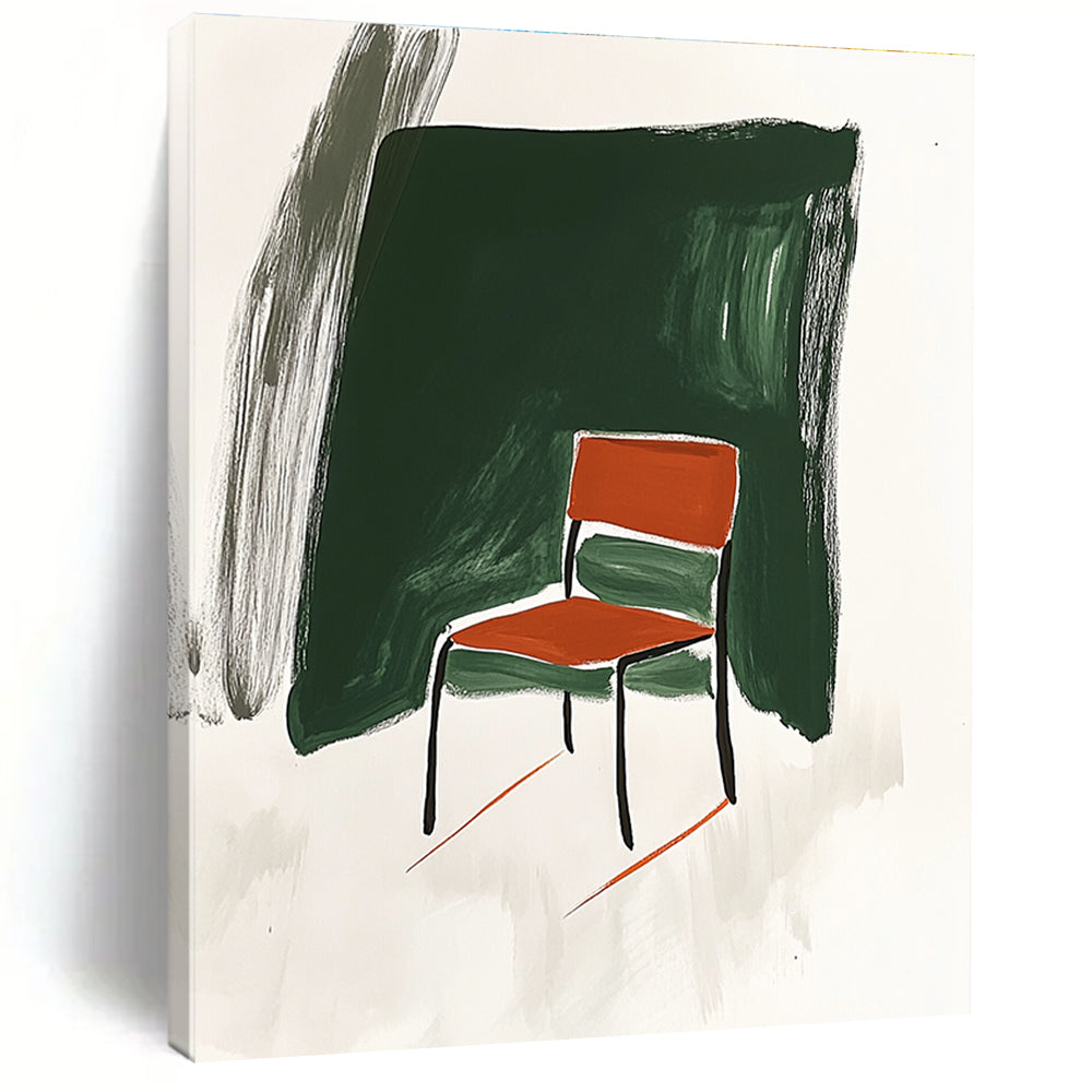 Abstract artwork featuring Minimalist Japandi style with a chair influenced by David Hockney in green and white background adorned with orange brush strokes.STSC1336