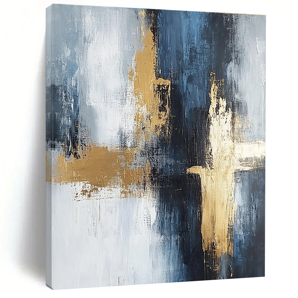 Large abstract painting in light gray and dark blue tones with gold accents featuring strong brushstrokes and delicate textures creating spatial depth.STSC433