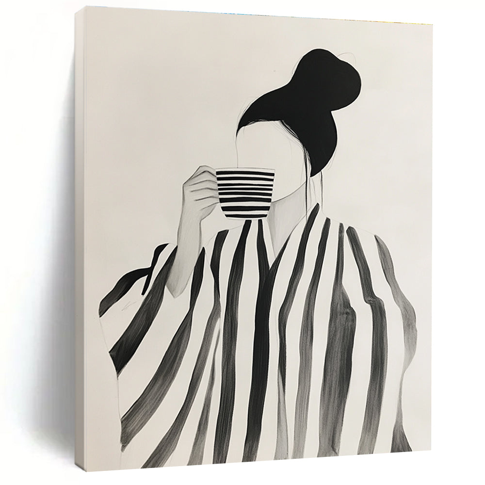Abstract art featuring a woman in a striped robe enjoying coffee amidst neutral shapes in shades of black and grey on a white background.STSC1344