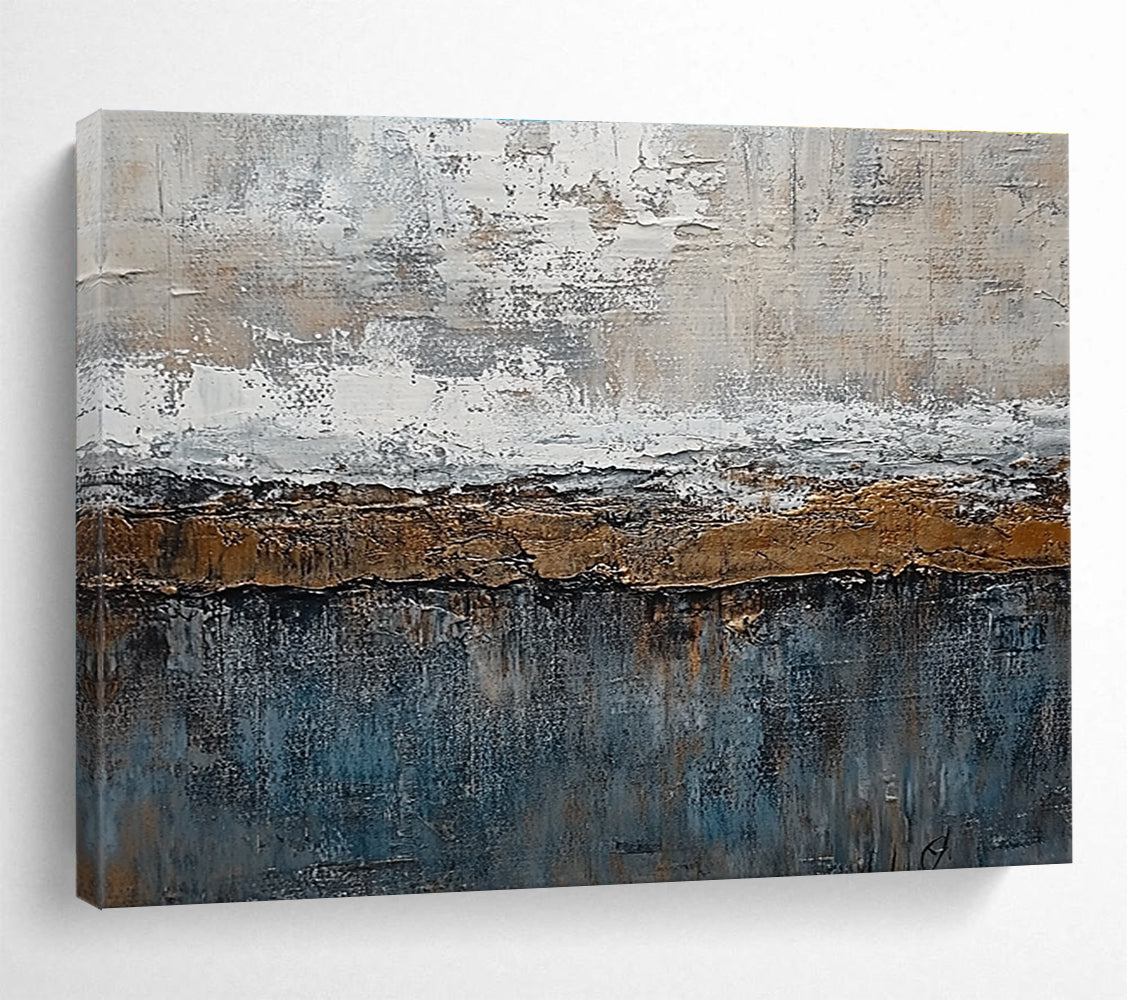 Large abstract painting features textured layers of grey, brown, blue, and bronze with painterly strokes and metal accents creating an artistic landscape.SC174