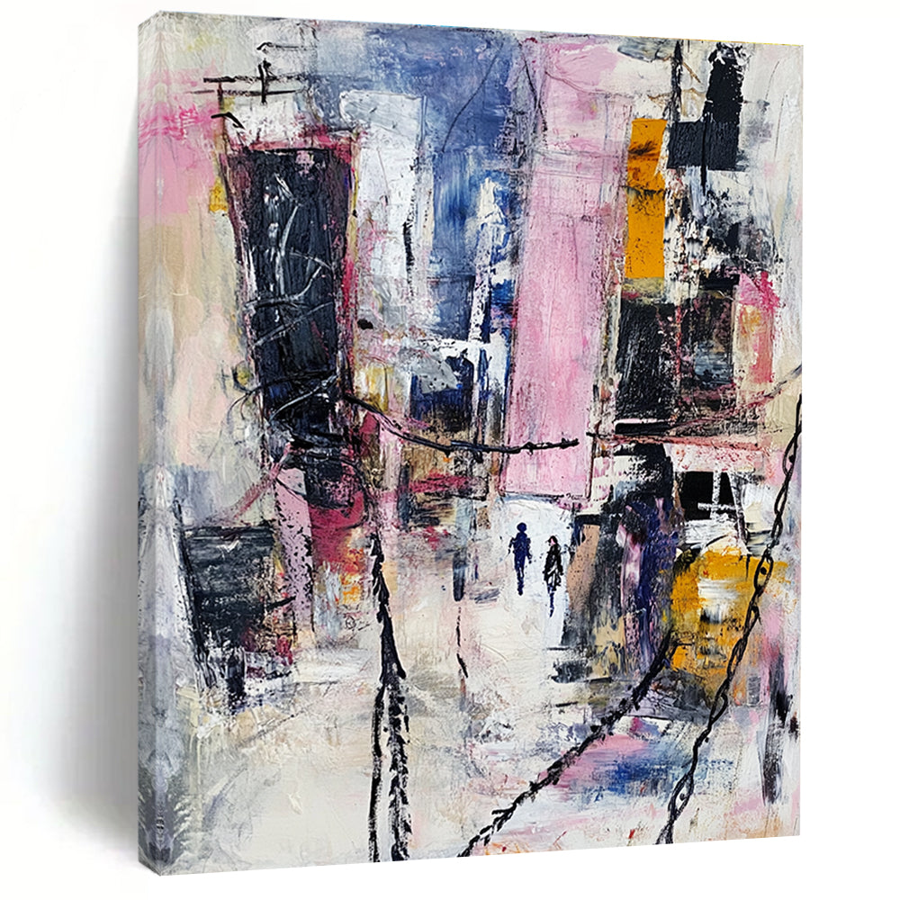 Large abstract painting featuring an urban landscape with mixed media elements in pastel colors and dynamic textures of fabric and metal.STSC666