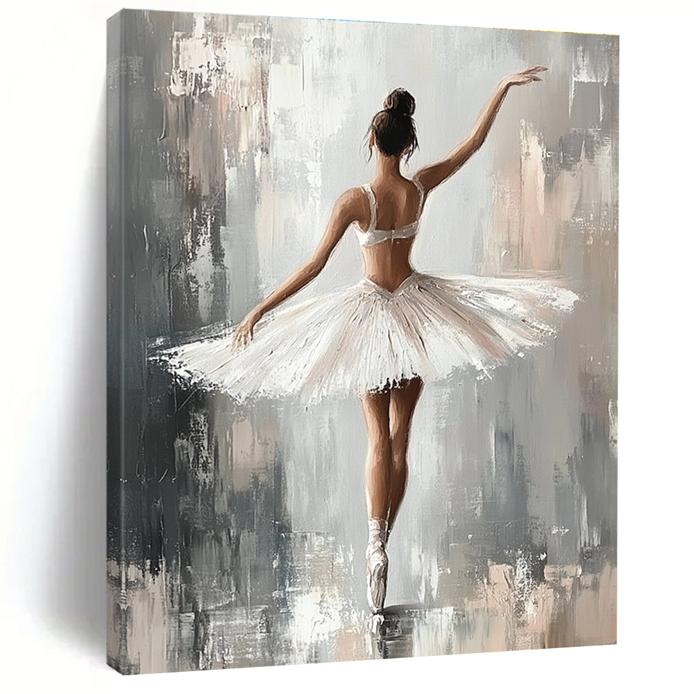 Large abstract painting of a ballerina in a white tutu with soft brush strokes on a grey background featuring a neutral color palette and canvas texture.STSC1380