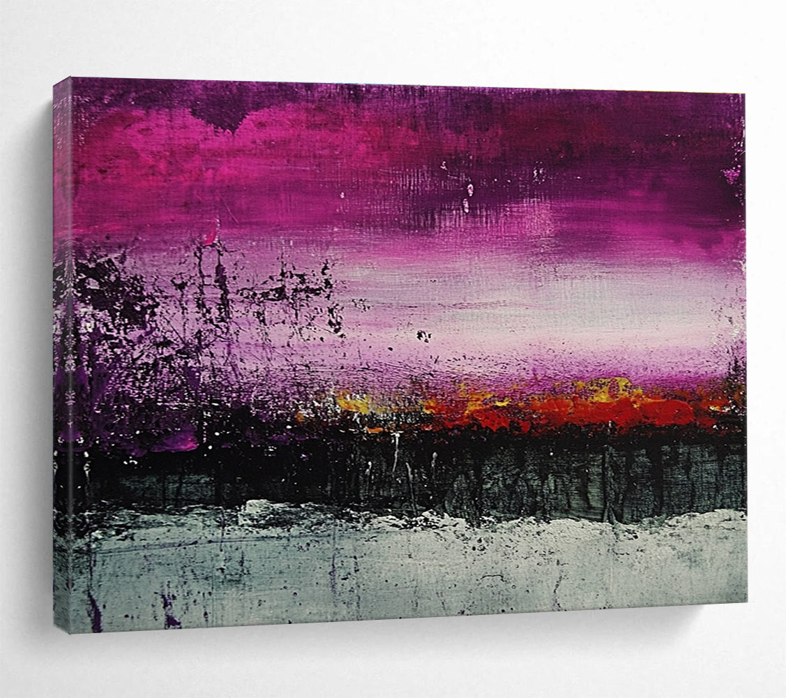 A large abstract painting of a landscape featuring purple and grey shades with textured dark green and red tones for a striking visual impact.SC341