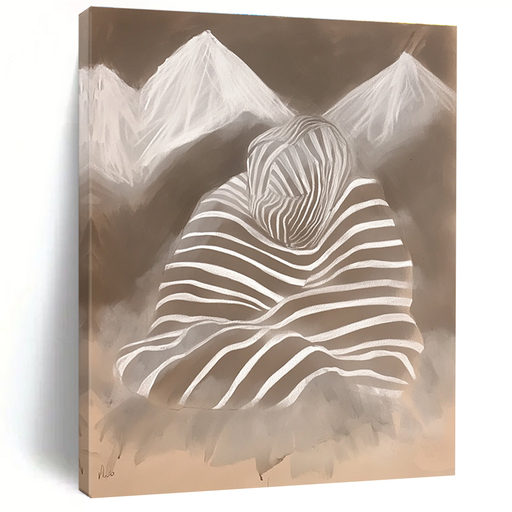 Abstract chalk drawing featuring zebra print with mountains and a woman's silhouette wrapped in a striped blanket in soft atmospheric tones.STSC1474