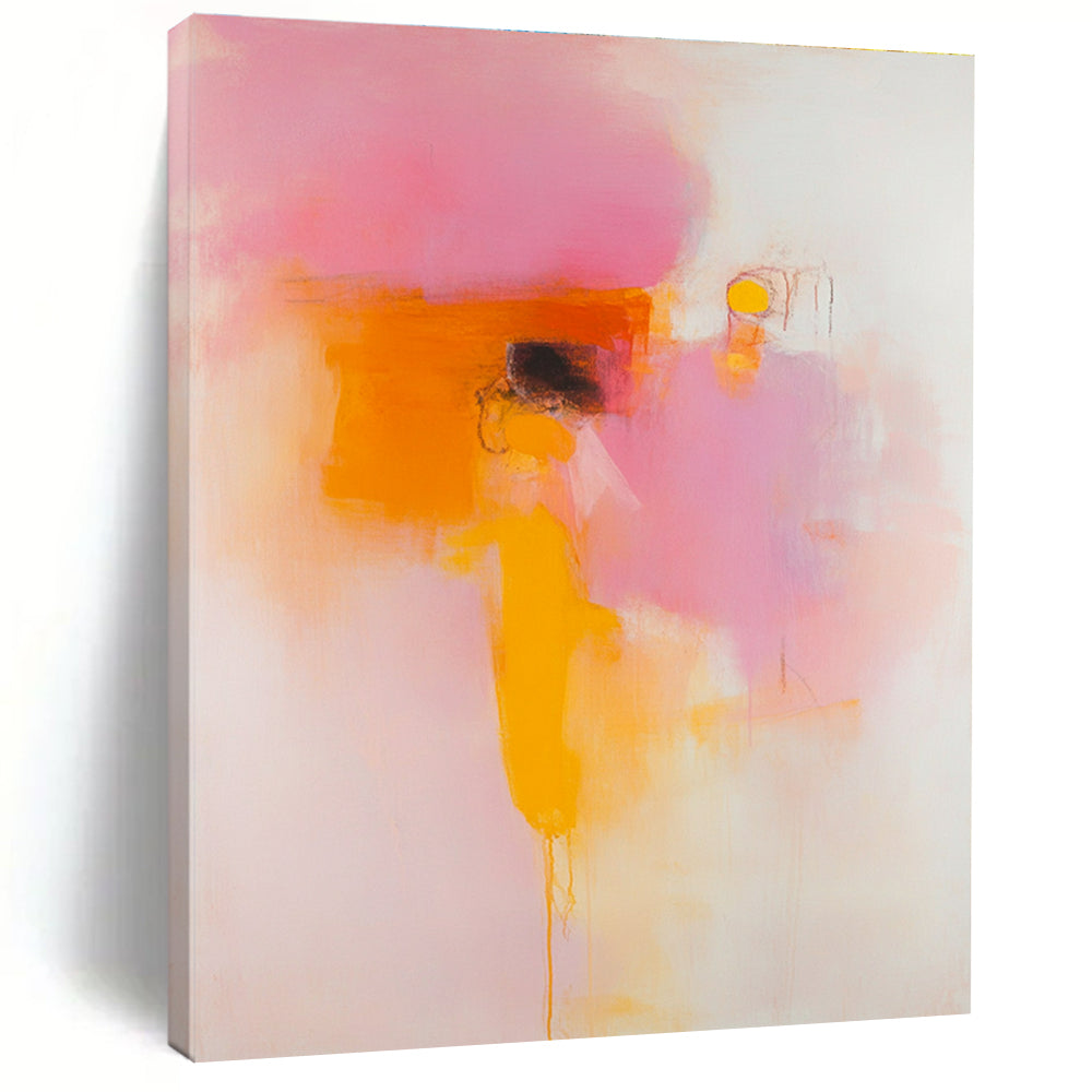 Large abstract painting featuring peach and pink hues with blurred forms and clear lines on a white background in soft orange yellow and red tones.STSC1409