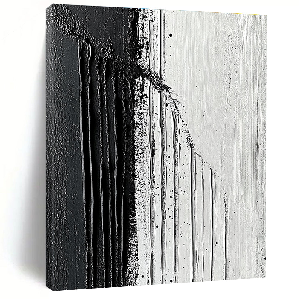 Large abstract painting featuring textured strokes with a striking contrast of dark and light shades embodying minimalism and simplicity on canvas.STSC019
