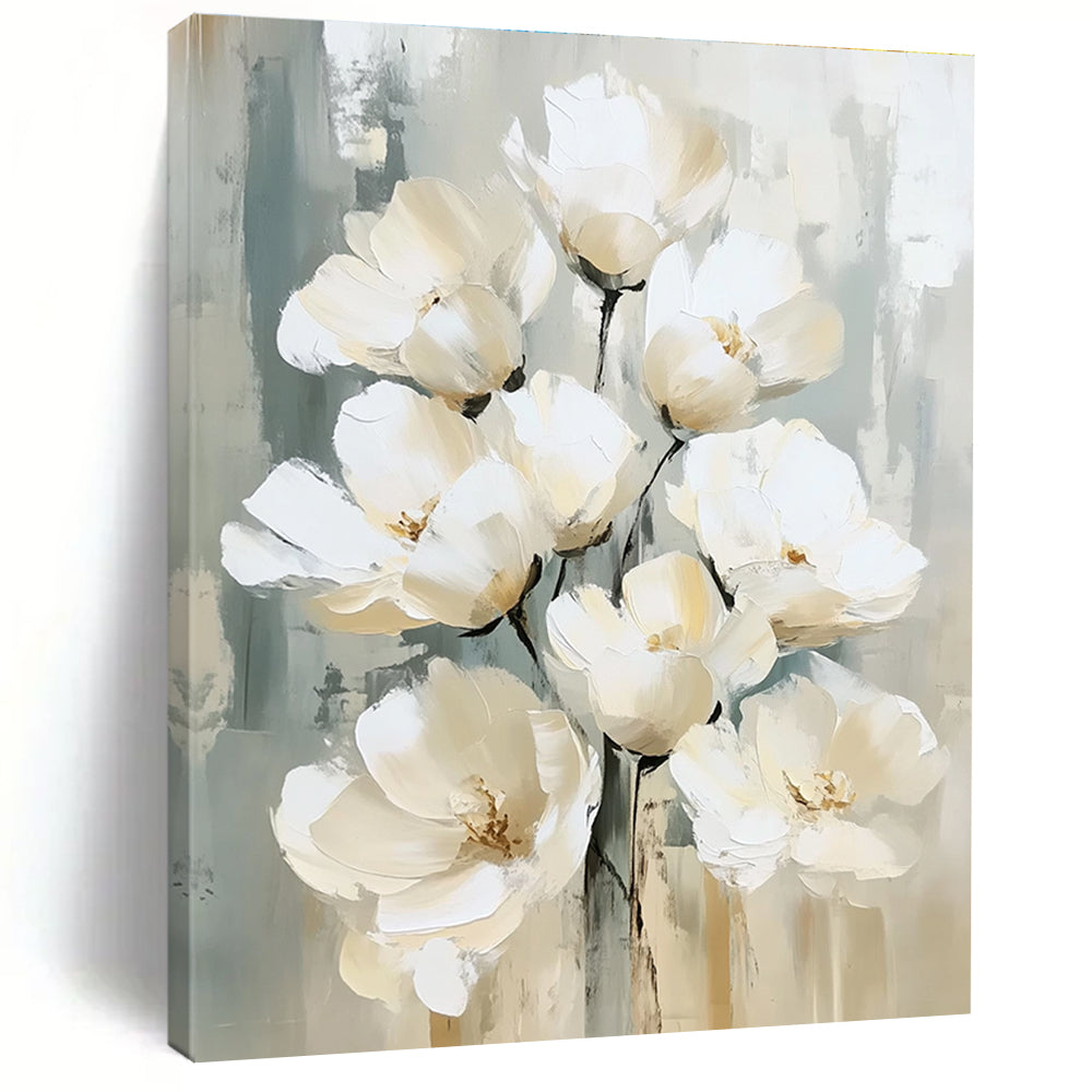 Large abstract painting with white flowers in delicate brushstrokes beige and gray palette textured surface and soft edges creating depth and elegance.STSC1475