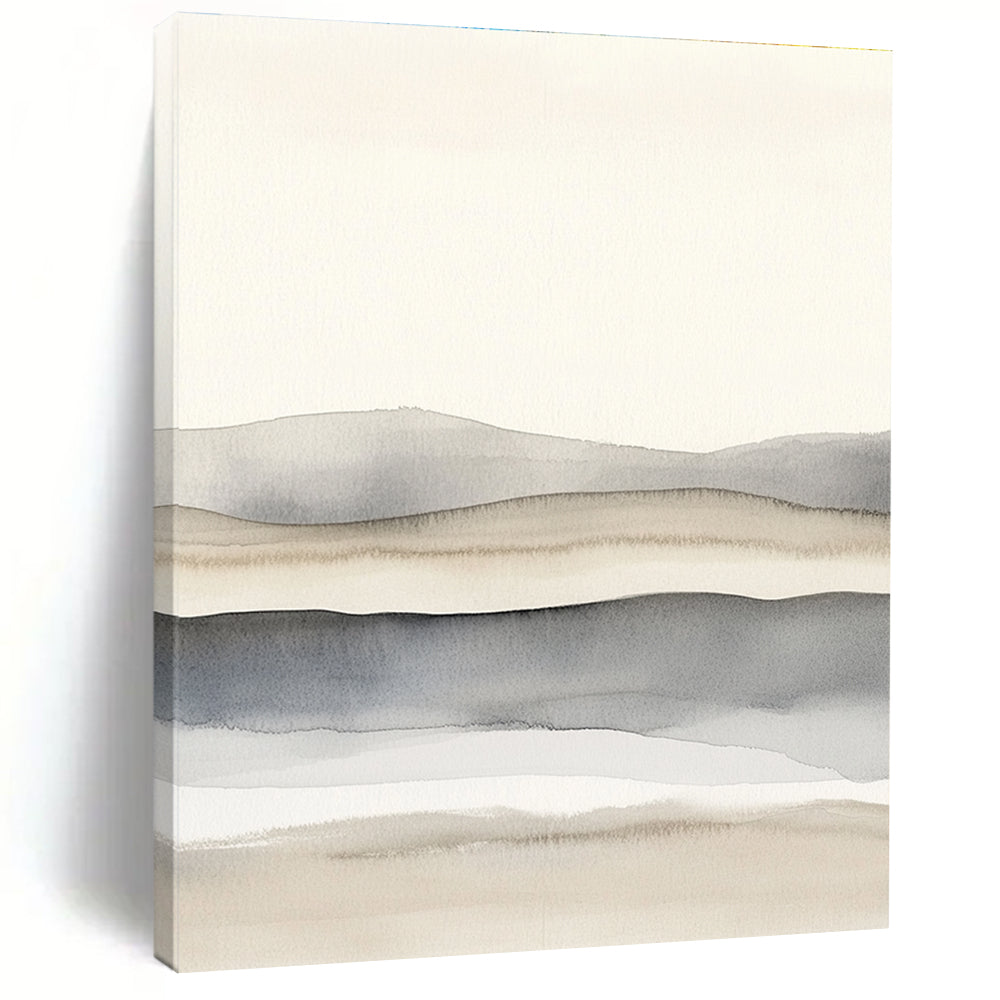 Large abstract painting featuring light gray and white watercolor shapes with soft blurred lines creating a serene landscape of dunes.STSC1464