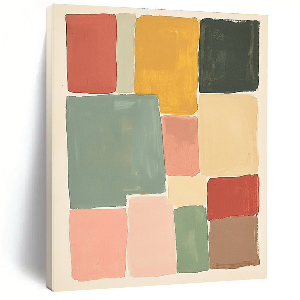 Large abstract painting featuring muted colors and soft hues in thick block shapes of sage green pink red and yellow against a white background.STSC1361