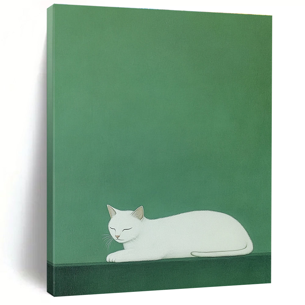 A large abstract painting featuring a white cat on a vibrant green background inspired by Euan Uglow and Atey Ghailan's styles.STSC1473