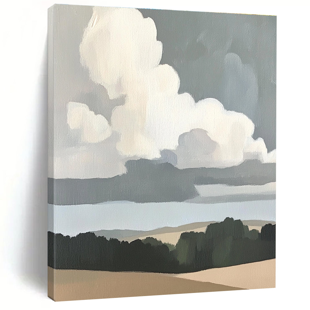 Abstract painting of clouds over plains featuring neutral colors and soft tones inspired by Merian and Morris with thick brush strokes.STSC1390