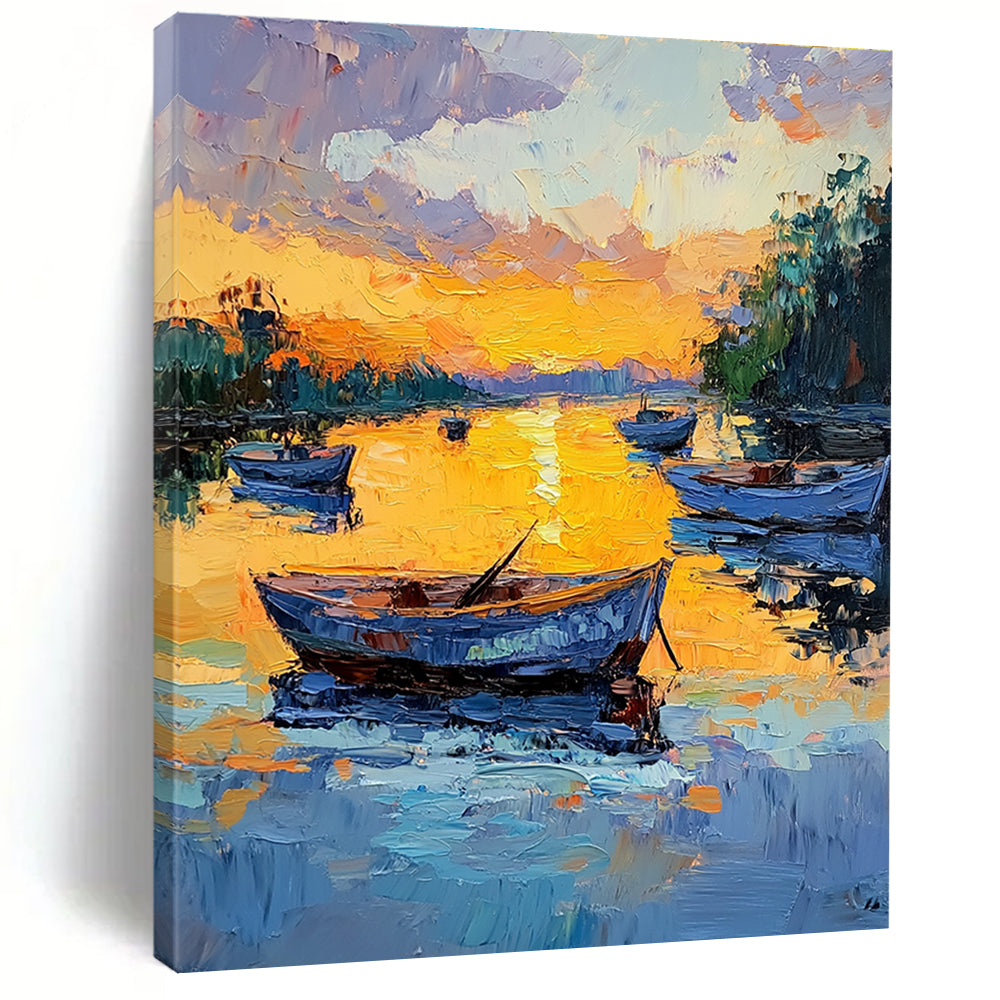Large abstract painting featuring boats at sunset with rich colors and expressive brushstrokes capturing serene reflections on calm water.STSC1389