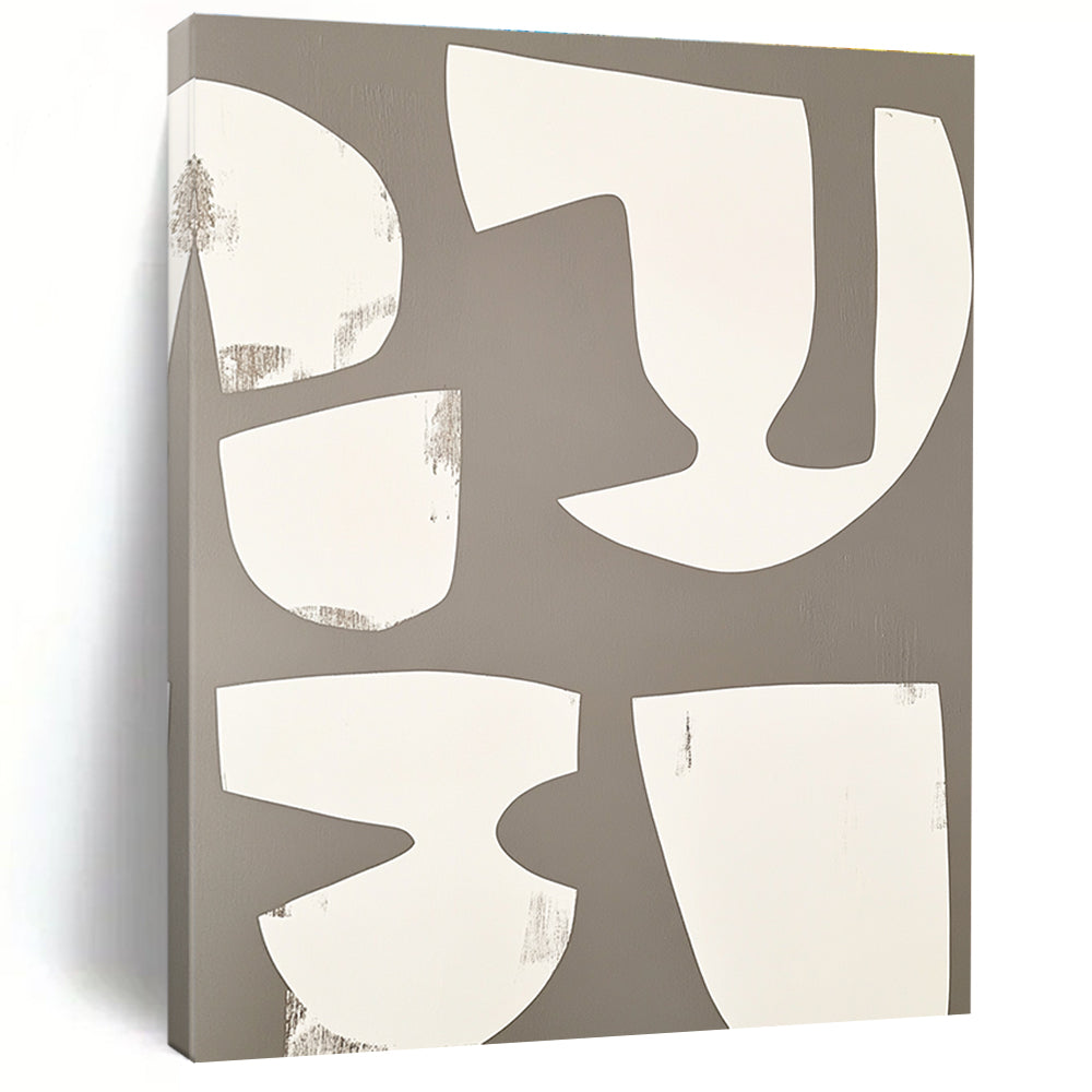 Large abstract artwork featuring white shapes on a grey background inspired by minimalist cubist style reminiscent of Henri Matisse.STSC1491