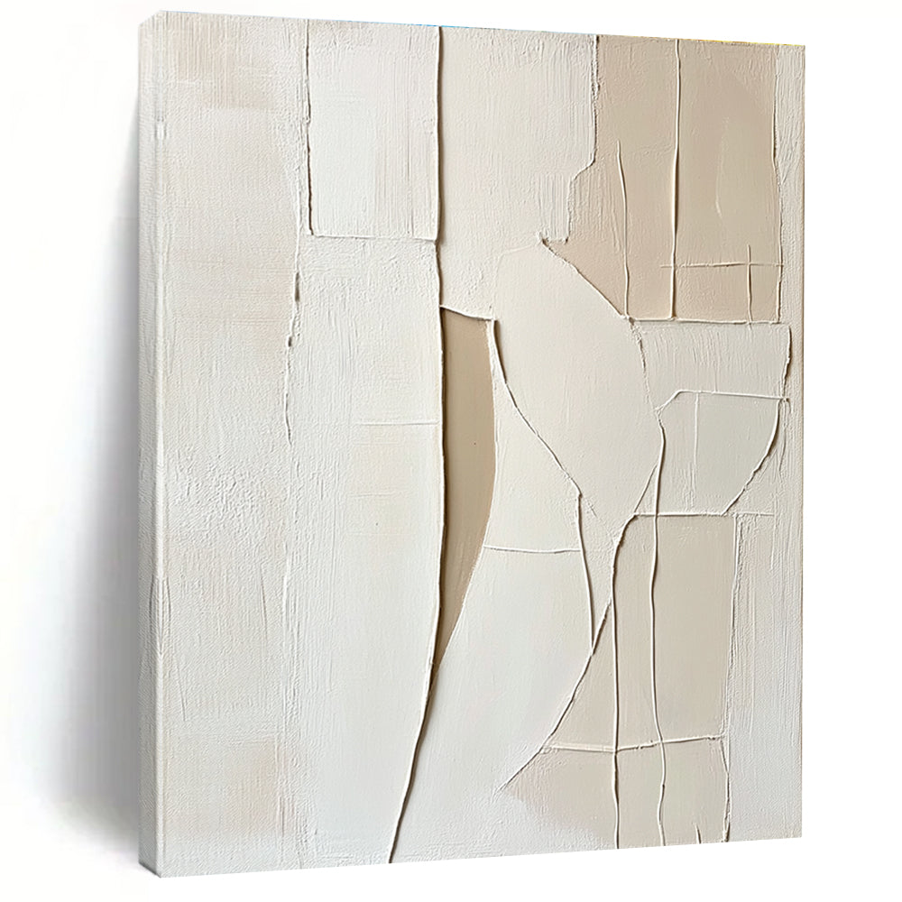 Large abstract painting featuring a woman's body with soft lines simple shapes and thick impasto texture in white and beige tones.STSC1467