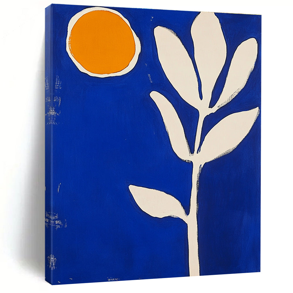 Large abstract painting featuring blue and white shapes an orange sun and a thick brush stroke flower in vibrant colors.STSC1316