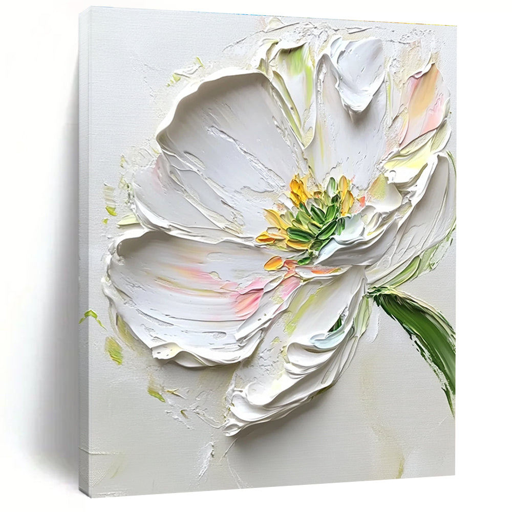 Abstract painting featuring white flowers with green leaves on a light gray background showcasing elegant brush strokes and beautiful accents.STSC1482