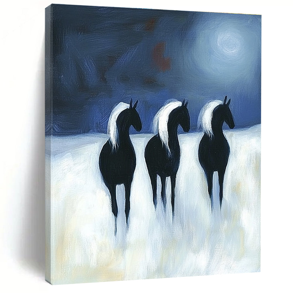 Abstract painting featuring three black horses with white manes running under moonlight on a white background in a flat two-dimensional style.STSC1443