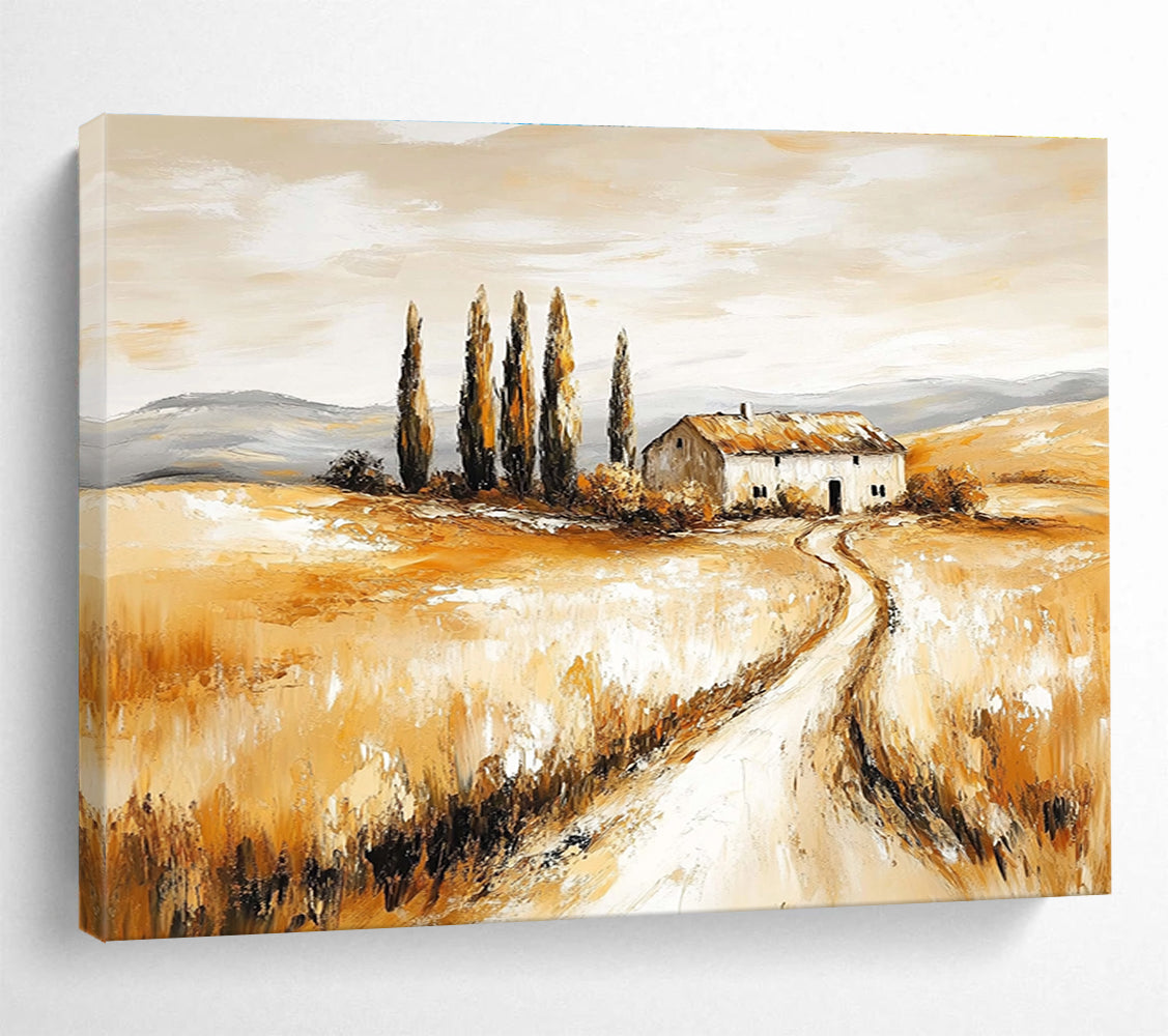 Hand-painted abstract artwork of a rustic farmhouse amidst golden fields and cypress trees evoking nostalgia and tranquility in nature's beauty.SC543