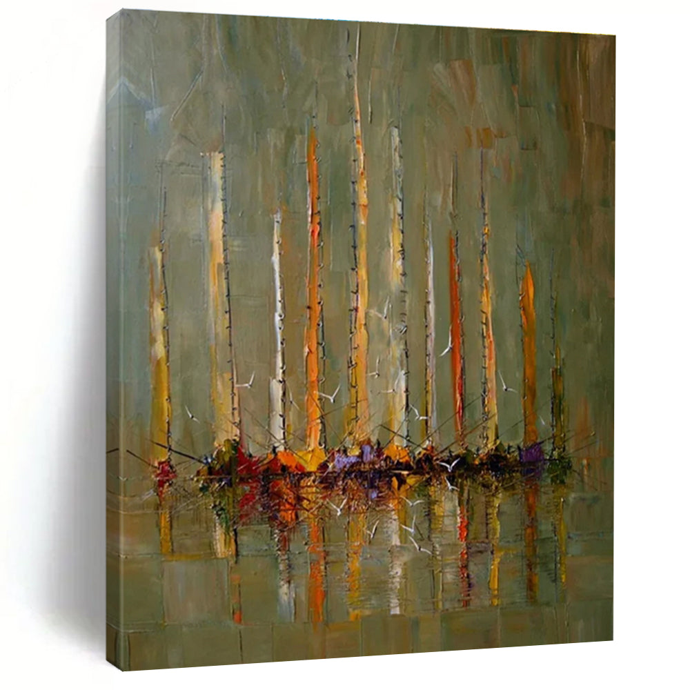 Sailboat Scene Abstract Painting with Earthy and Vibrant Colors ADGE330