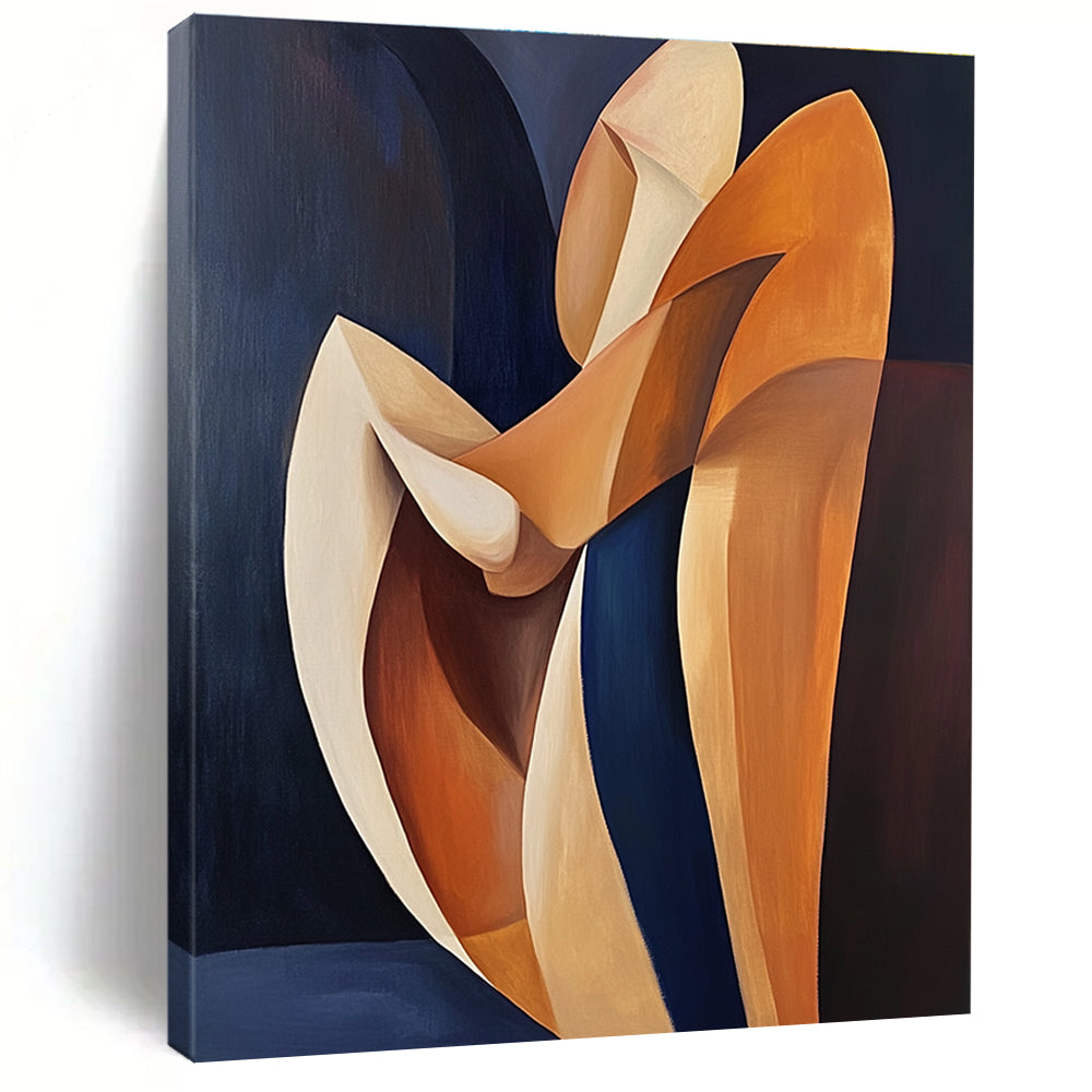 Abstract oil painting in Picasso style featuring orange and navy blue colors with a figure resting on wooden shapes and minimalist lines.STSC1372