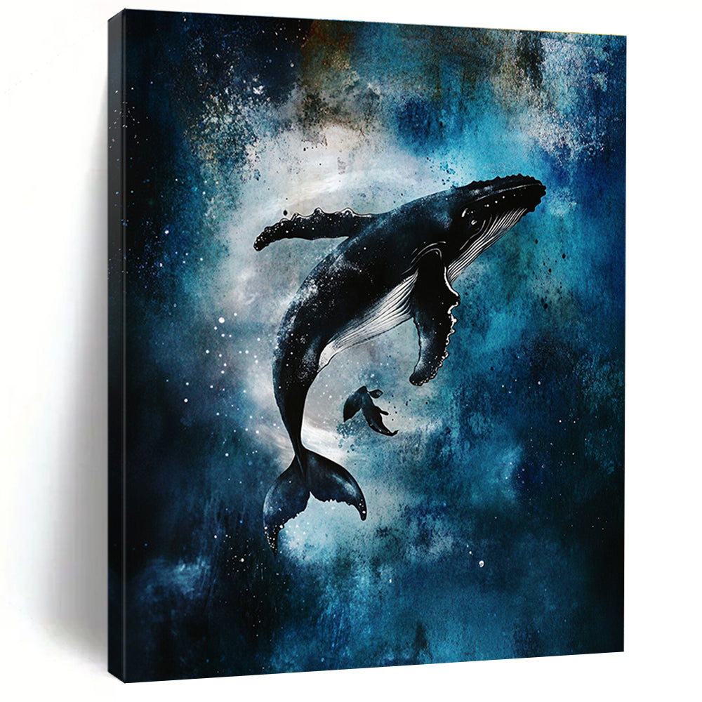 Abstract art featuring humpback whales, swirling vortices, glowing stars, and misty underwater scenes in a dark blue and white color palette.STSC1466