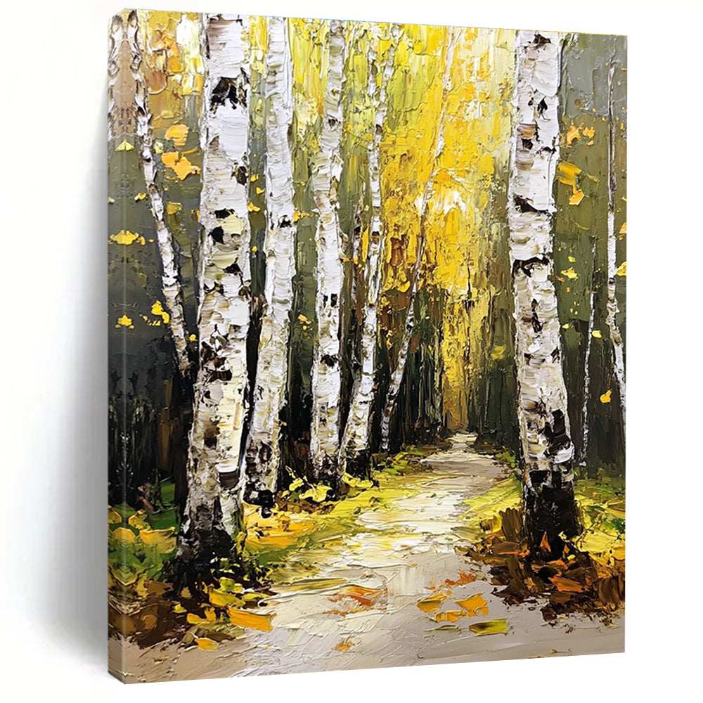 Abstract painting of a birch forest with green and yellow leaves thick white bark trees and a path illuminated by light.STSC1272