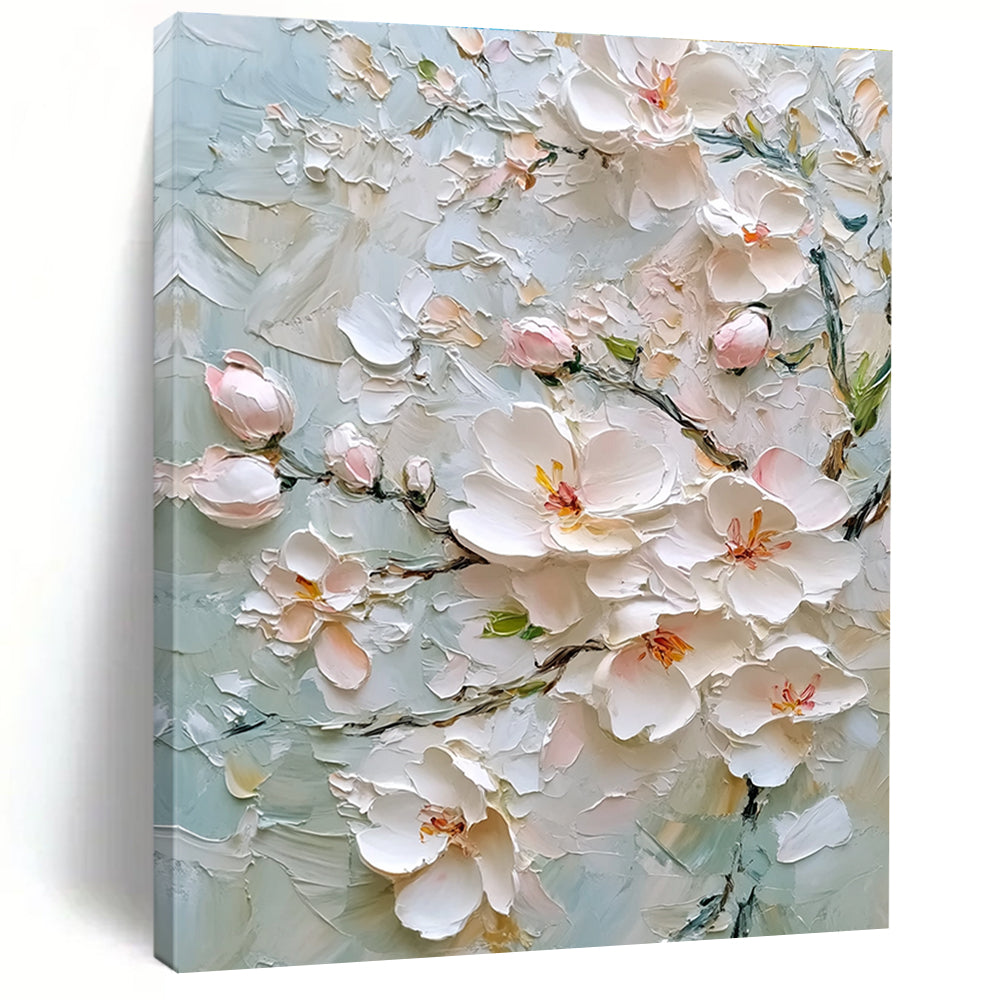 Large abstract painting of cherry blossoms in soft colors with intricate details and textural elements on a light gray background.STSC1364