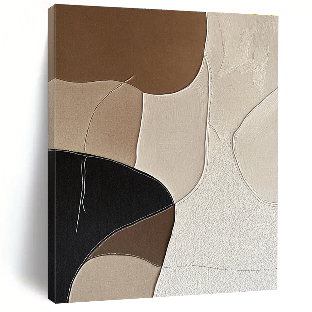 Large abstract artwork featuring minimalist Japandi style with hand-stitched organic shapes in neutral shades of beige black and white.STSC1337