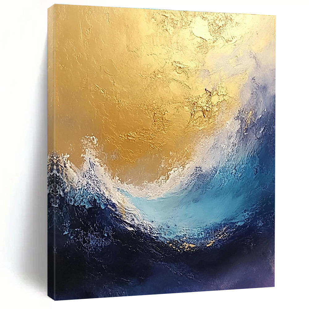 Large abstract painting depicting stormy seas in gold and blue tones with a textured finish perfect for enhancing any space.STSC334