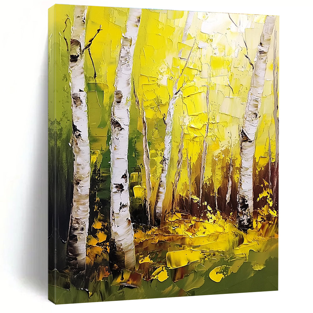 Large abstract painting of birch trees with thick brush strokes and a palette knife featuring vibrant yellow and green leaves in a forest.STSC1387