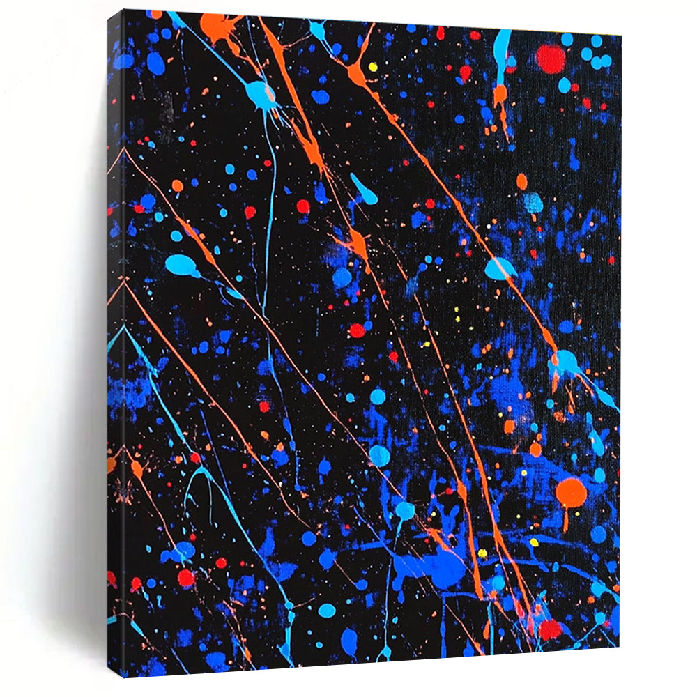 Large abstract painting featuring blue and black splatters with vibrant orange and red highlights for a dynamic artistic statement.STSC1406