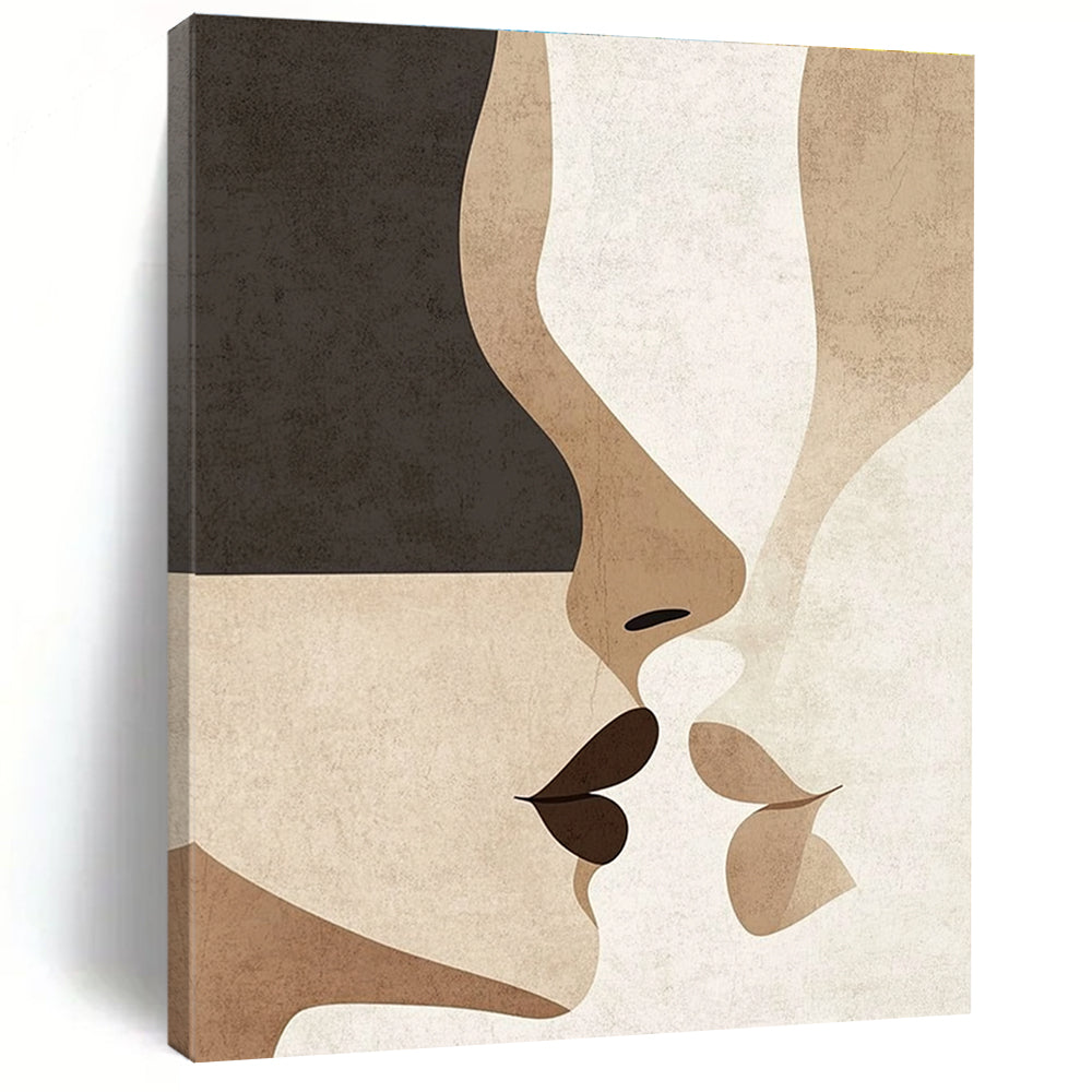 Abstract art in minimalist Japandi style featuring subtle nose and mouth shapes in neutral earthy tones of beige black white grey and brown.STSC1342
