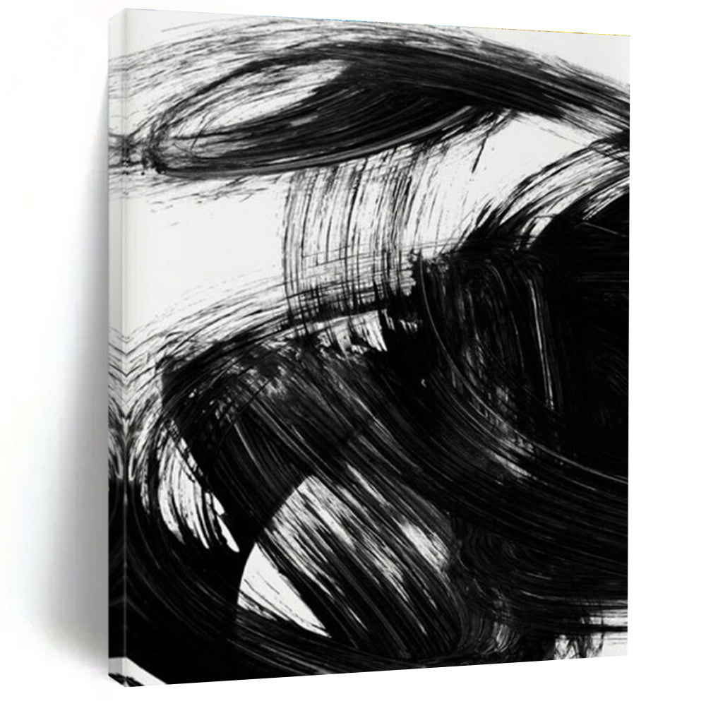 Black Ink Abstract with Expressive Brushstrokes Painting ADGE195