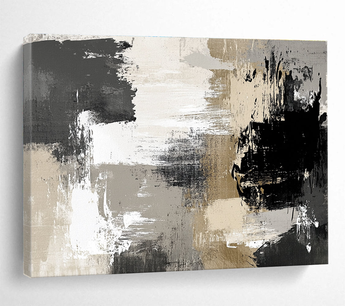 Large abstract painting in neutral gray beige and black tones featuring soft brushstrokes and elegant shapes perfect for contemporary home decor.SC507
