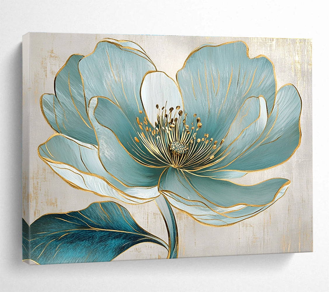 A large abstract painting featuring a turquoise flower with golden lines and exquisite realism on a beige background with elegant gray accents.SC423