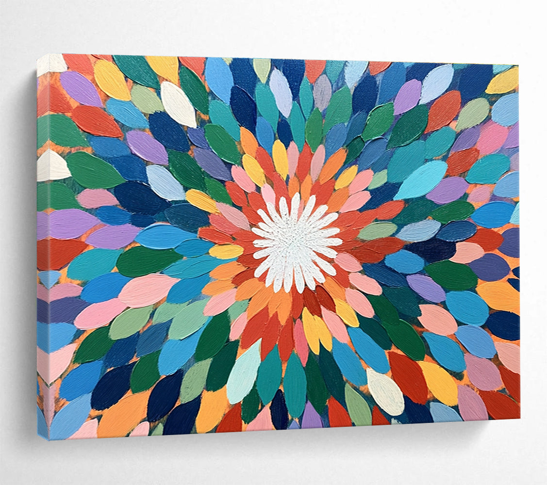 A large abstract painting featuring colorful overlapping petals in shades of green, blue, pink, orange, yellow, and purple with a vibrant center.SC526