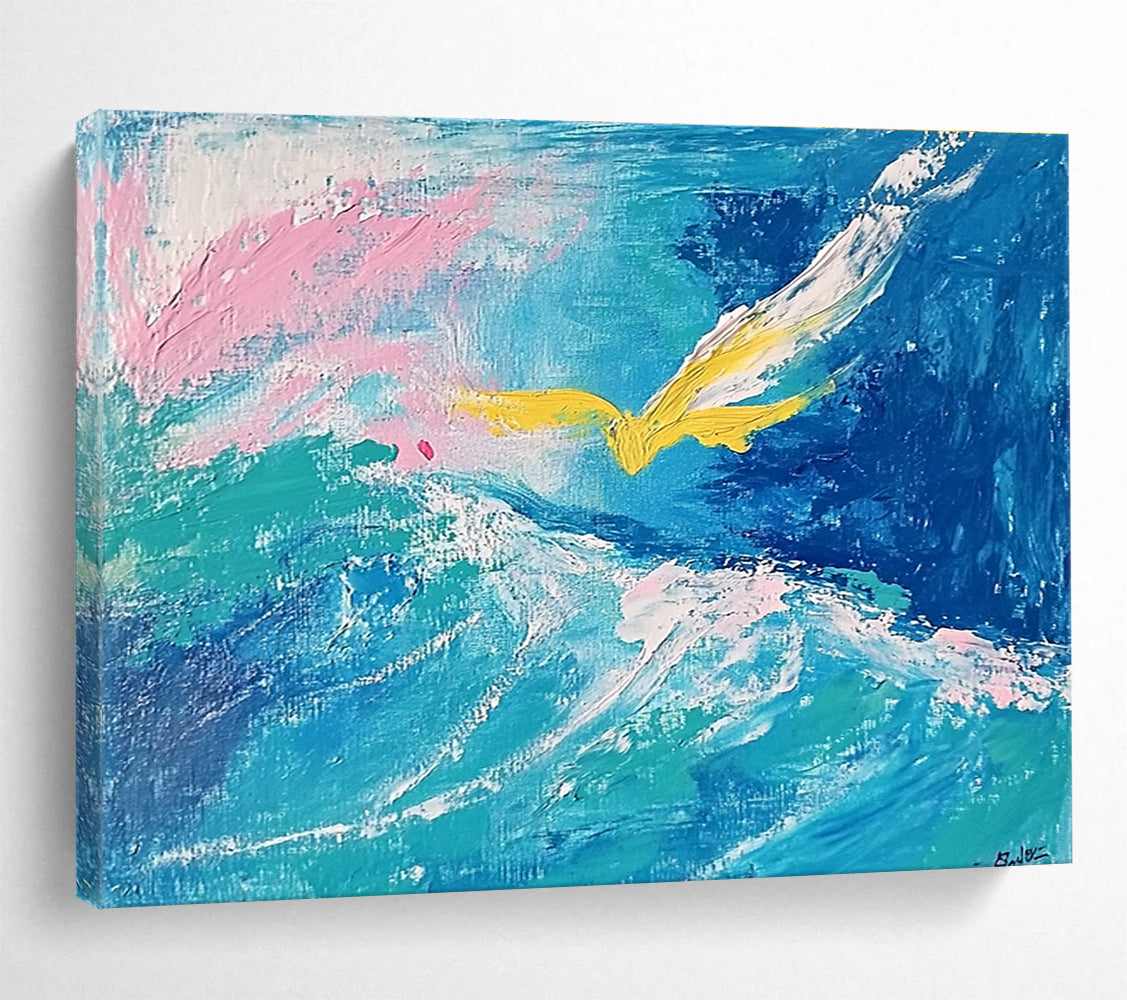 Large abstract painting featuring fluid turquoise and blue tones with pink highlights, a yellow bird, and a whimsical smile hidden within the waves.SC364