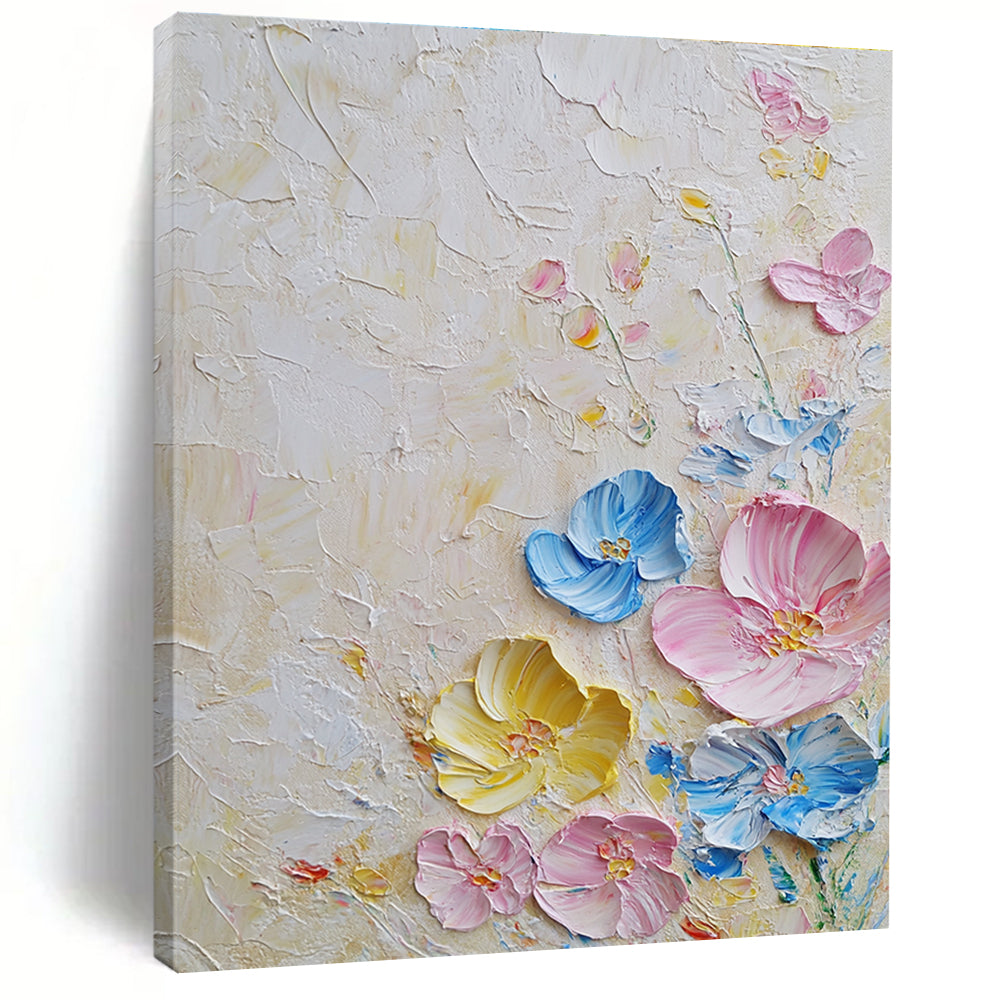 Large abstract painting with textured layers featuring pastel flowers in pink and blue on a white background illuminated by soft lighting.STSC1366