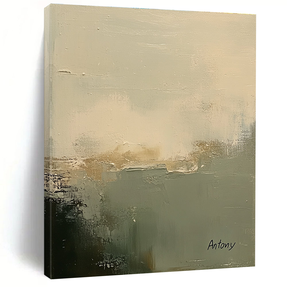 Large abstract painting featuring soft muted white and sage green tones with a textured background and calming minimalistic brush strokes signed by Antony.STSC799
